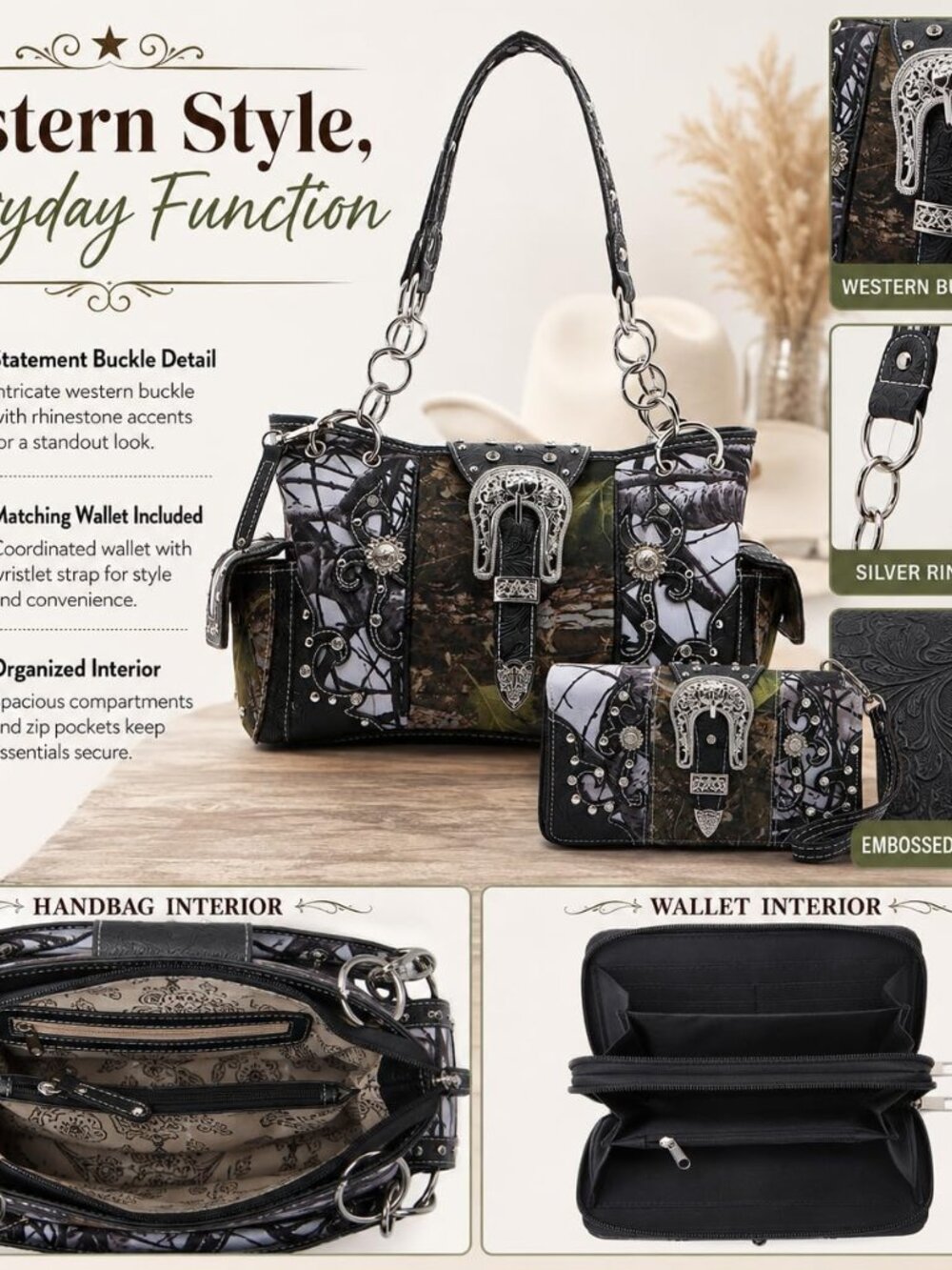 Western Camouflage Purse with Pouch and Wallet Set for Women | Decorative Buckle - Picture 4 of 7
